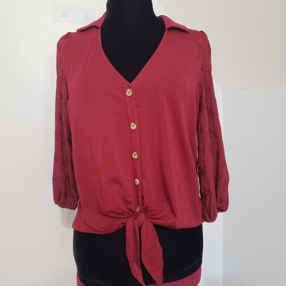 Vanessa Virginia by Anthro Lenora Waist Knot Tie Cranberry Jersey Knit Top Small - Picture 2 of 10
